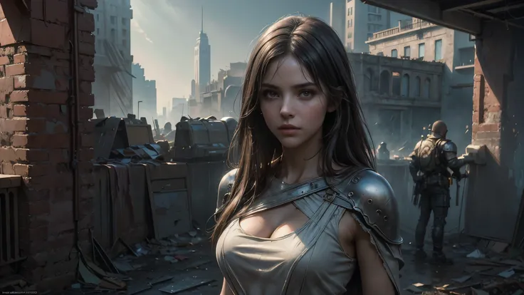 masterpiece, high resolution, 8,000,( Portrait Photos:1.5),(R original photo),Reality,Digital photography,(Ruins of the Apocalypse , apocalyptic wasteland ),City ruins,Beautiful 20-year-old woman ,sentry, post-apocalyptic scene , upper body photography ...