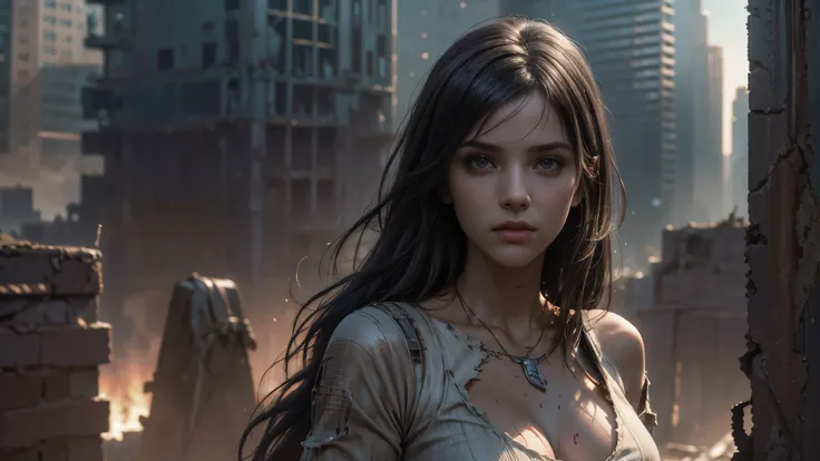 masterpiece, high resolution, 8,000,( Portrait Photos:1.5),(R original photo),Reality,Digital photography,(Ruins of the Apocalypse , apocalyptic wasteland ),City ruins,Beautiful 20-year-old woman ,sentry, post-apocalyptic scene , upper body photography ...