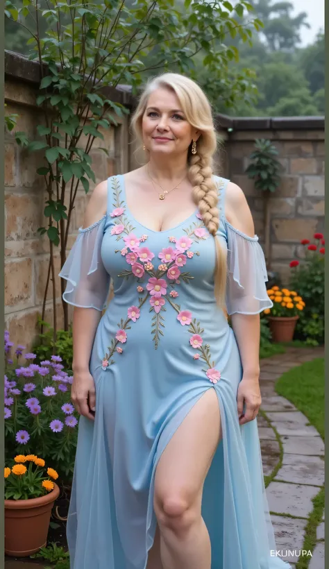 beautiful older women 45 years old, super big breasts, she has long hair braided to the side