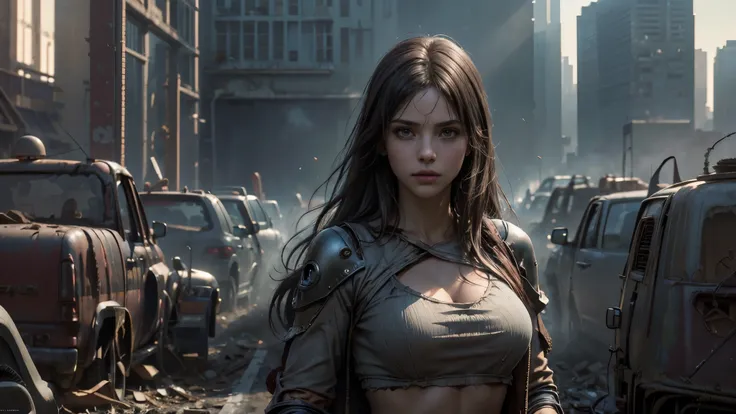masterpiece, high resolution, 8,000,( Portrait Photos:1.5),(R original photo),Reality,Digital photography,(Ruins of the Apocalypse , apocalyptic wasteland ),City ruins,dirty 20 year old woman,sentry, post-apocalyptic scene ,( upper body photography :1.h...