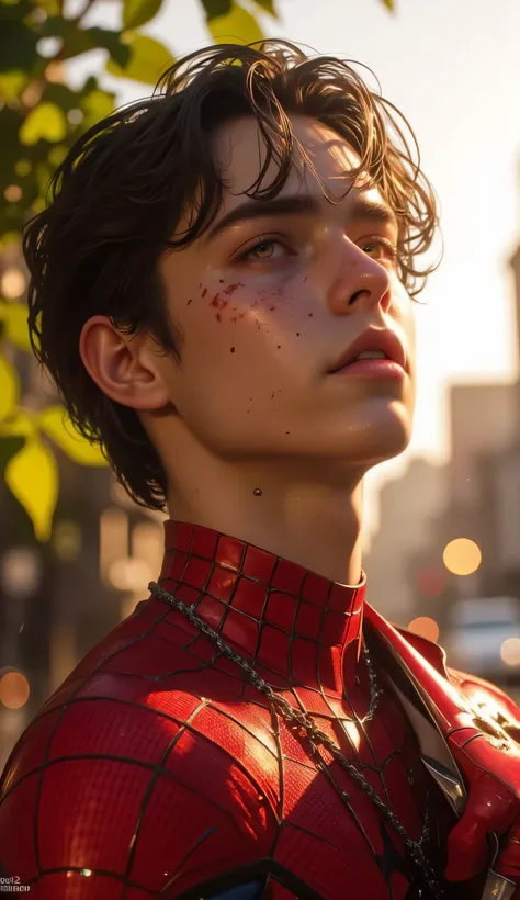 A hyper-realistic, ultra-detailed 8K cinematic close-up image of Spider-Man without his mask, taken in a quiet moment after a workout.

The focus is entirely on his face — youthful, sharp, and strikingly handsome, with intense yet relaxed eyes that reflect...