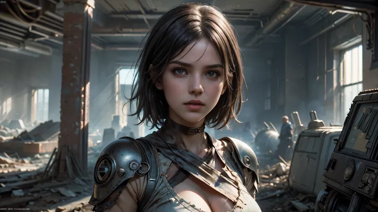 masterpiece, high resolution, 8,000,( Portrait Photos:1.5),(R original photo),Reality,Digital photography,(Ruins of the Apocalypse , apocalyptic wasteland ),City ruins,Dirty Girl,sentry, post-apocalyptic scene ,( upper body photography :1.howing her nav...