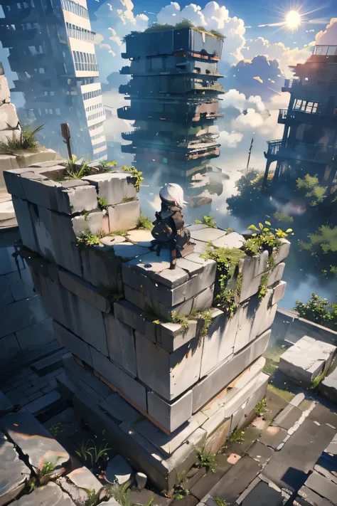 Gravel Mountainと雲海、1人の女の子 standing on top of the rubble , A world above clouds, Gravel Mountain, Ruins and remains of collapsed buildings , A desolate world view , A fantastical landscape with clouds , Morning Sun , A temple on top of the rubble々Stand , L...