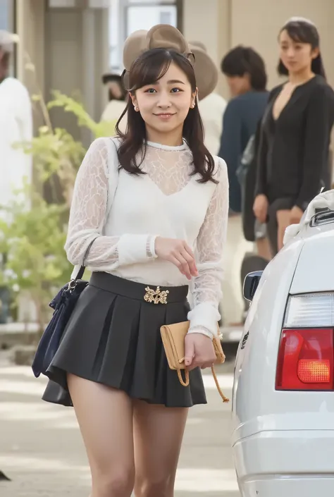 est quality, masterpiece, Extremely Detailed, realistic, A slim, sexy European girl works at a McDonald's restaurant, Chest, beautiful realistic 、((naked、Wearing a transparent shirt and hat,wearing a miniskirt, holding a luxurious bag、)) slim body , small ...