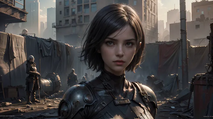 masterpiece, high resolution, 8,000,( Portrait Photos:1.5),(R original photo),Reality,Digital photography,(Ruins of the Apocalypse , apocalyptic wasteland ),City ruins,Dirty Girl,sentry, post-apocalyptic scene ,( upper body photography :1.howing her nav...