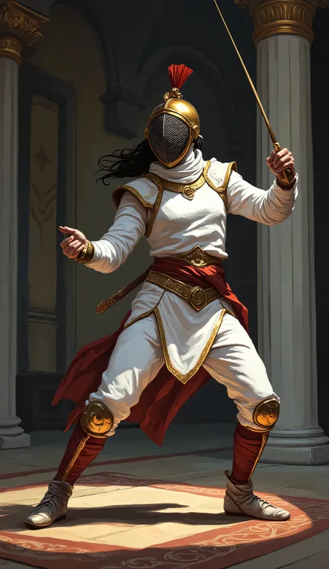 long shot,full body view, athena goddess of sport the fencing, she is fencer, looks like greek goddness Athena, holding (épée), ((wearing greek warior helmet which is combined with fencing mask), ((wearing ancient greek goddness outfit)),(greek golden orn...