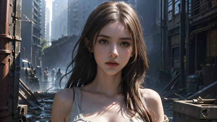 masterpiece, high resolution, 8,000,( Portrait Photos:1.5),(R original photo),Reality,Digital photography,(Ruins of the Apocalypse , apocalyptic wasteland ,desert ),City ruins,Dirty Girl,sentry, post-apocalyptic scene ,( upper body photography :1.howing ...