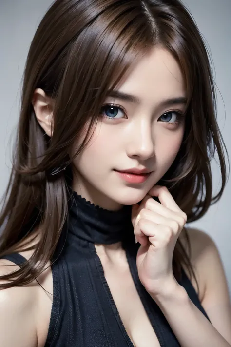 Top quality, 8K, masterpiece, single girl, slim abs beauty, casual hairstyle, big breasts, black dress, highly detailed face, delicate eyes, double eyelids, shy, dynamic pose, thighs, smiling anime girl, grey brown hair and blue eyes, Zaat Krenz feminizati...