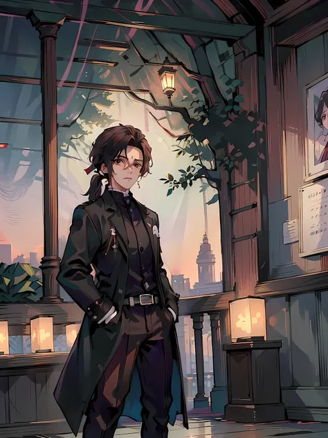 male, man looking, {{char}} looking at viewer, tall, handsome, good looking, manly face, heretochormia, ,one golden eye, one dark purple eye, scar in his lips, scar in his right eyebrow, black hair with green locks, Ponytail hair, slightly muscular, us ww2...