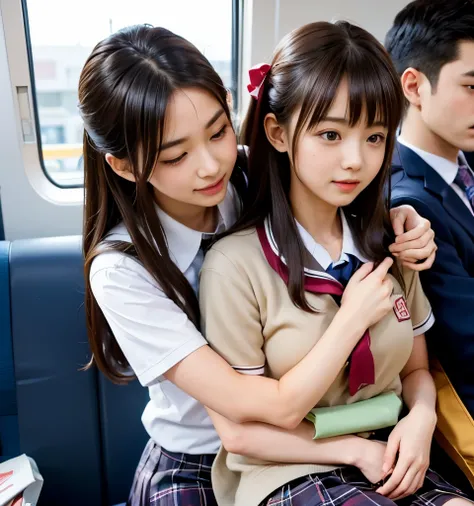 Two cute high school girls、( high school girl in uniform)、full body photo撮影、(Get on a crowded train、(Crowded car interior))、(Bian、homosexuality)、(hugging:1.4、hugs you from behind:1.4)、full body photo、in High School Uniforms、(Perfect Anatomy、 charming)