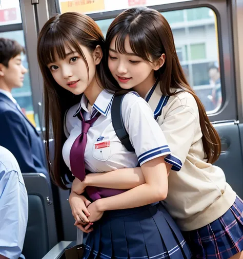 Two cute high school girls、( high school girl in uniform)、full body photo撮影、(Get on a crowded train、(Crowded car interior))、(Bian、homosexuality)、(hugging:1.4、hugs you from behind:1.4)、 expression of joy 、Ecstasy、full body photo、in High School Uniforms、(Pe...