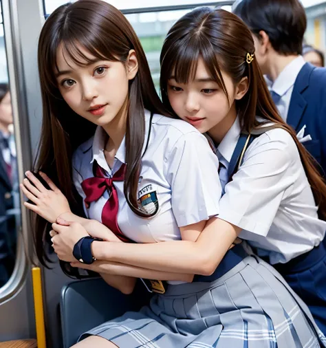 Two cute high school girls、( high school girl in uniform)、full body photo撮影、(Get on a crowded train、(Crowded car interior))、(Bian、homosexuality)、(hugging:1.4、hugs you from behind:1.4)、 expression of joy 、Ecstasy、full body photo、in High School Uniforms、(Pe...