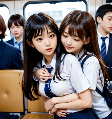 Two cute high school girls、( high school girl in uniform)、full body photo撮影、(Get on a crowded train、(Crowded car interior))、(Bian、homosexuality)、(hugging:1.4、hugs you from behind:1.4)、 expression of joy 、Ecstasy、full body photo、in High School Uniforms、(Pe...