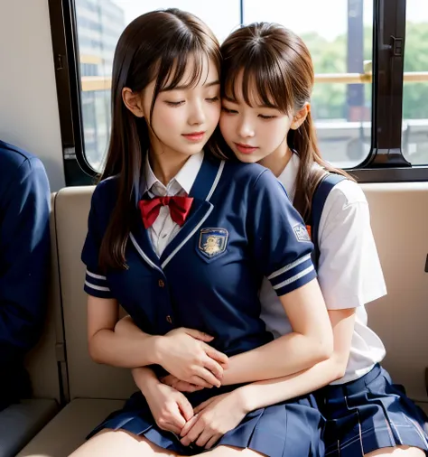 2 Cute High School Students 、( high school student in uniform)、full body photo撮影、(Get on a crowded train、(Crowded car interior))、(Bian、homosexuality)、( hug:1.4、hugs you from behind:1.4)、 Expressions of joy 、Ecstasy、full body photo、In a high school unifor...