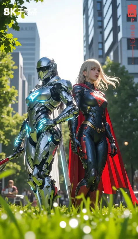 A hyper-realistic, ultra-detailed 8K cinematic image focusing on Halo Clean and Superman Girl standing side by side in the center of a futuristic city park bathed in daylight. Halo Clean, a sleek, tech-armored hero with glowing blue energy lines across her...