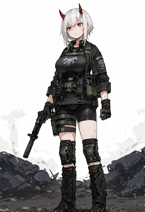 1girl, solo, white hair, red eyes, devil horns, red horns, large breasts, black combat shirt, black bike shorts, black knee pads, loose black gaiters, black gloves, black shoes, tactical gear, standing
