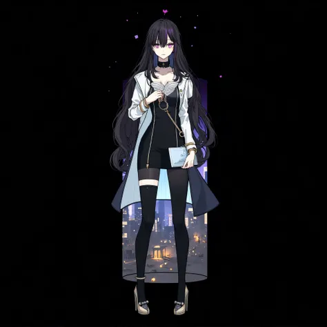 anime girl, standing confidently on rubble in a post-apocalyptic ruined city, full body, cinematic angle from slightly below, dark and elegant futuristic black outfit with coat and layered accessories, sleek silver patterns on the clothing, long black hair...