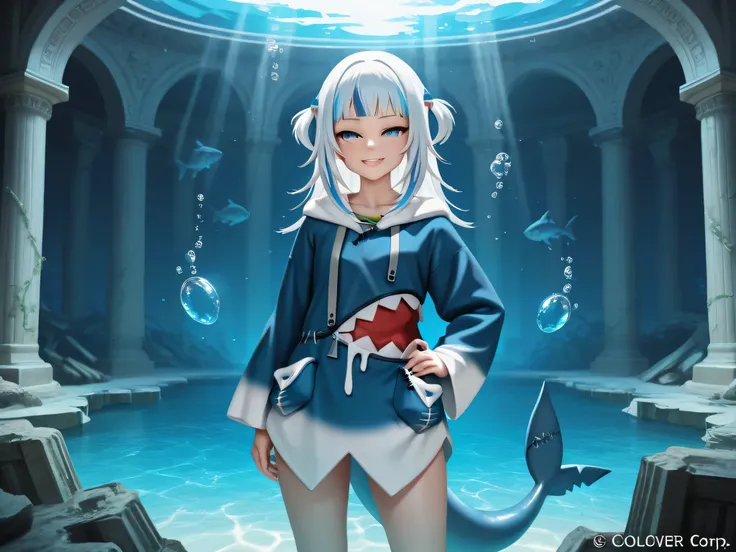 Gawr Gura, hololive, vtuber, highly detailed, ultra realistic, anime style, white and blue shark hoodie modified to accentuate curves, large bust, bare shoulders, smooth skin, glossy lips, long silver-blue hair with soft waves, ocean blue eyes with sparkli...