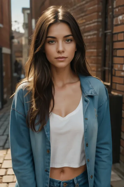 A 21 years old young woman with long, dark, slightly wavy hair, soft and delicate facial features, natural beauty, light freckles, relaxed and casual style.
She is wearing loose jeans, a simple oversized T-shirt, and a denim or leather jacket.
Minimal make...