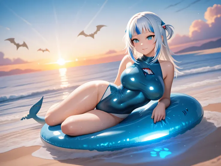Gawr Gura, hololive, vtuber, anime semi-realistic style, vibrant sunset palette, in a tight futuristic swimsuit with metallic blue and white textures, enhanced curves, large breasts, perfect hourglass body, flawless skin, shimmering with golden light, long...