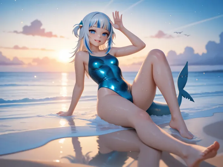 Gawr Gura, hololive, vtuber, semi-realistic anime style, vibrant sunset color palette, in a tight mini two-piece swimsuit, futuristic with blue and white metallic textures, enhanced curves, big , perfect hourglass body, flawless skin, glowing with golden l...