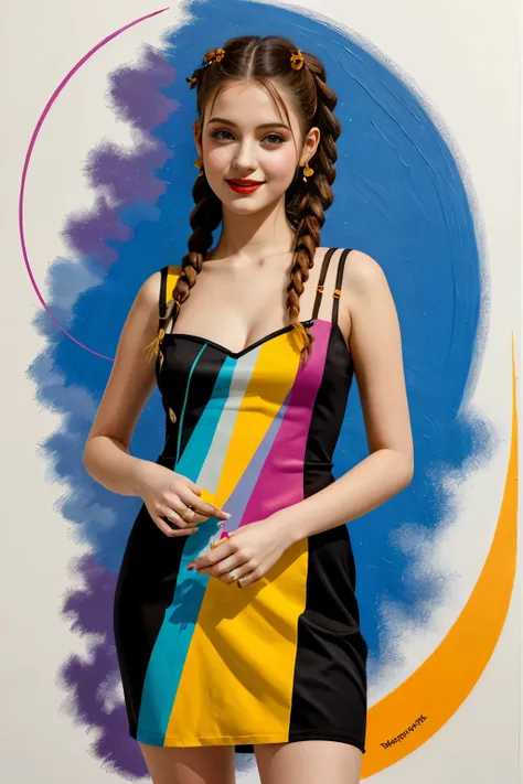 geometric painting of a young hot girl with double braids, Contrast dress, abstract style , springend happy, niedlich, zentriert, (Meisterwerk)