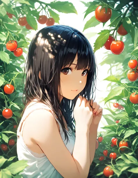 1girl, year 2016, home garden, cherry tomatoes, masterpiece, high score, great score, absurdres, 16k, super detail