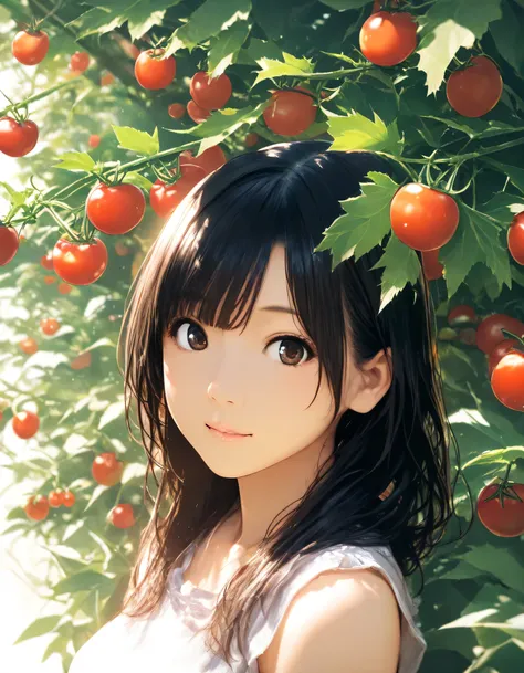 1girl, year 2016, home garden, cherry tomatoes, masterpiece, high score, great score, absurdres, 16k, super detail