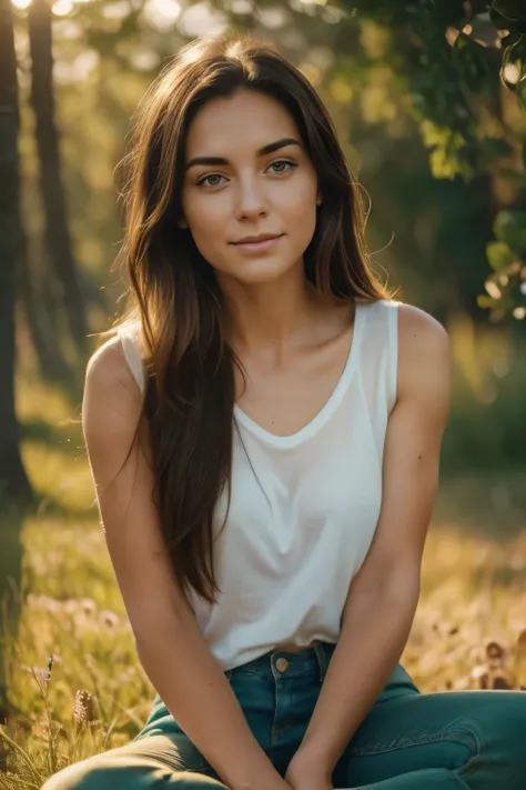 A 21 years old young woman with long, dark, slightly wavy hair, delicate but strong facial features, natural beauty with minimal makeup.
She is sitting or lying casually on a green meadow in a park, wearing casual clothes: loose jeans or light fabric pants...