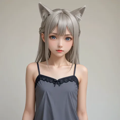 Real Live Action、The girl who freed her very small silver fox ears、one side of the platinum fox ear is folded forward、Camisole uniform