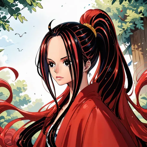 1 girl, solo, one piece style, no iris in eyes, very long straight hair, hair with red streaks, ponytail, her eyes are shining, in dark wood