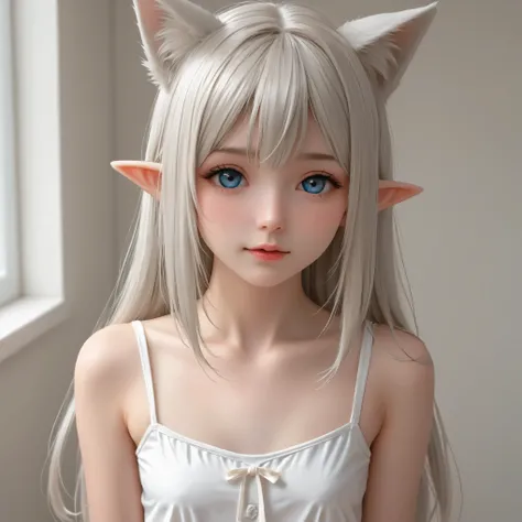 Real Live Action、an elf girl with very small platinum fox ears、one side of the platinum fox ear is cute and folded in front、white camisole underwear