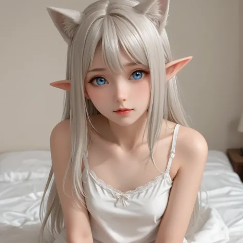 Real Live Action、an elf girl with very small platinum fox ears、one side of the platinum fox ear is cute and folded in front、white camisole underwear