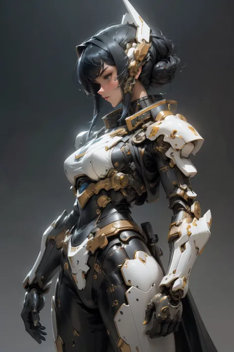 A strikingly vivid portrayal of a woman clad in classic super robot armor, every aspect radiates meticulous attention to detail: intricate mechanical components gleaming with a metallic sheen, sleek and futuristic design contrasted with battle-tested wear ...