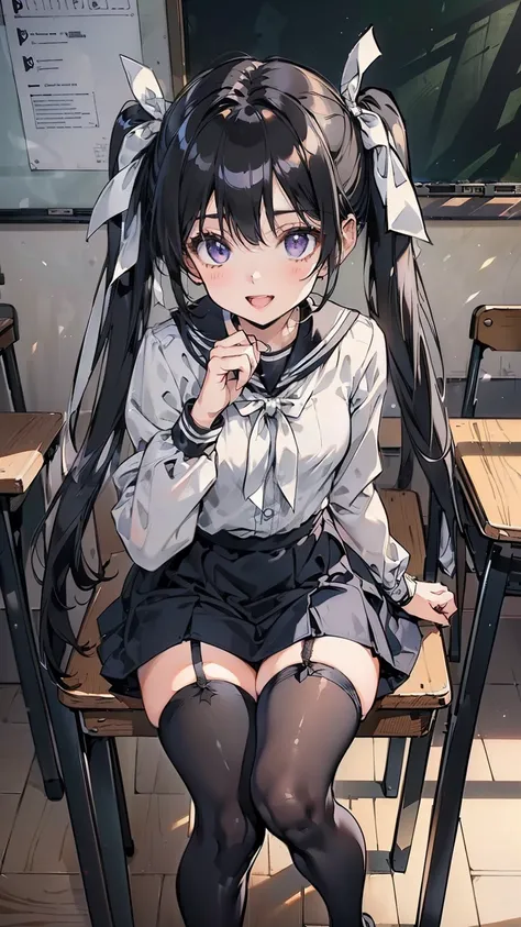 (8-head body), ( Extremely Detailed CG ), (Unity 8k), (Highest Quality), (Very detailed), (Ultra High Definition), black hair, dark blue sailor suit, Dark blue skirt, high school girl, animated 2D rendering, purple eyes, small breasts, tall, Suspended Eye...