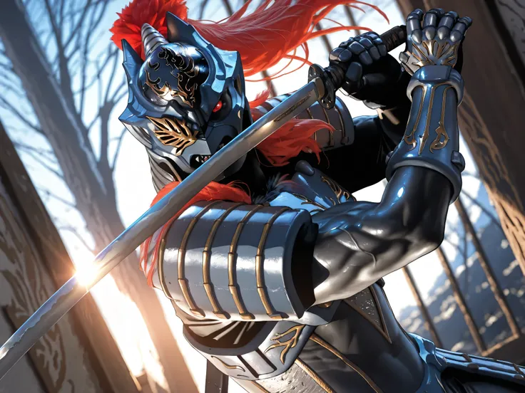 nsfw, furry male, shiny skin, (Zamushar), red hair, (pitch black body manly, masculine, mature, muscular, defined muscles, bara), white pupils, fangs, uneven eyes, (one-eyed), chest armor, waist armor, Gauntlets, (muscular), leg guard, sword guard stance, ...