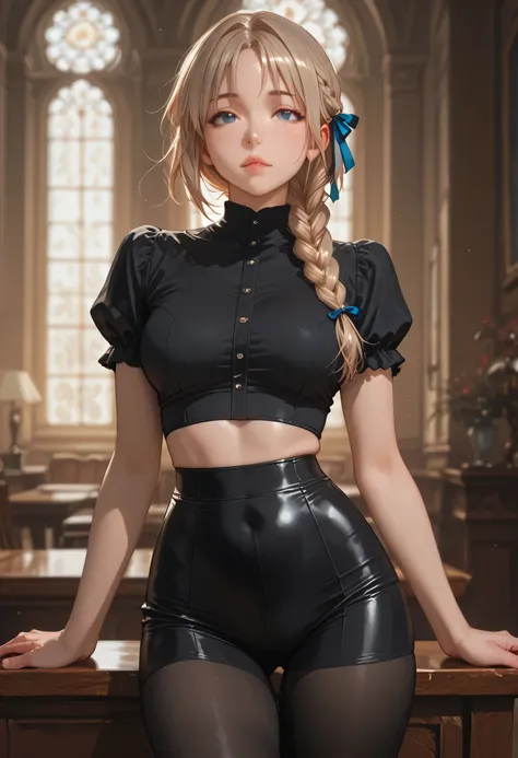 Firm Anatomy, (((Black Tights))), ((Single Braid)), (Detailed Eyes), (Tight Waist), (Hair Ribbon), Detailed Eyes, Beautiful face, Beautiful and Aesthetic, Brilliant Colors, Character Enhance