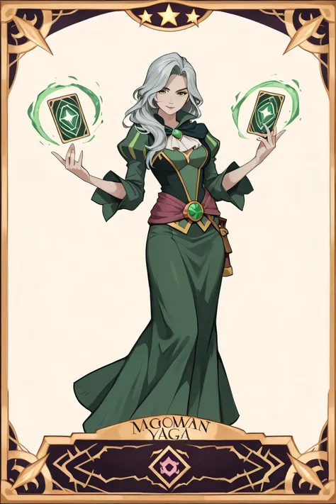 line-art, best quality, 1 woman, long gray hair, green eyes, baba yaga style, mage woman, magic cards