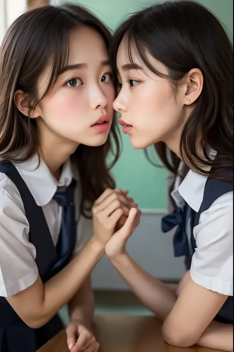 Two high school girls in the moment of kissing a girl while resting their elbows on the table、A schoolgirl in uniform with short hair and a high school girl in a uniform with long hair、 in the classroom、Kiss a girl 、、expressive eyes、mouth、perfect face。 Bla...