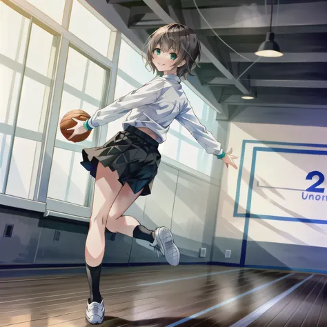 A young female basketball player executes a dynamic jump shot with precision and grace. She holds the basketball firmly in both hands, her form exuding confidence and skill. Her slim-fit uniform highlights her athletic build, while black high socks and mat...