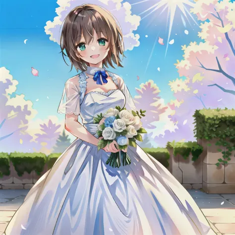 A breathtakingly beautiful 20-year-old woman stands in the courtyard of a luxurious mansion beneath a clear blue sky. She wears a white and blue wedding dress, holding a red bouquet gracefully in front of her chest. Her radiant smile and joyful expression ...