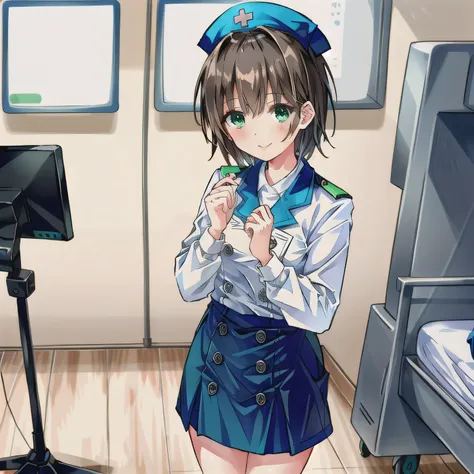 A breathtakingly beautiful 20-year-old woman stands in a warmly lit hospital room, dressed in a white mini-skirt nurse uniform with a matching cap. Her shy smile adds a touch of charm, while the surrounding medical equipment and furnishings create an authe...