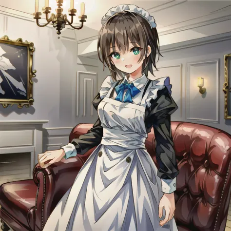 A breathtakingly beautiful 20-year-old woman stands in an opulent mansion room, dressed in a classic black-and-white maid outfit with a short hem and a white brim cap. Her confident smile radiates warmth. The room features elegant furnishings and decor bef...