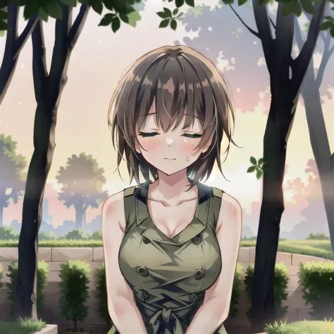 A breathtakingly beautiful 20-year-old woman stands in a lush green park at sunset, bathed in the warm golden light of the evening sun. Facing forward, her eyes gently closed, cheeks slightly flushed, and her face tilted upward as if anticipating a kiss, s...