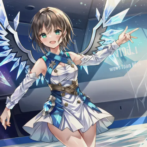 A breathtakingly beautiful 20-year-old woman glides dynamically across the ice rink, dressed in an exquisitely detailed and elegant figure skating costume. Her graceful movements exude both power and finesse as she carves intricate patterns into the ice. T...
