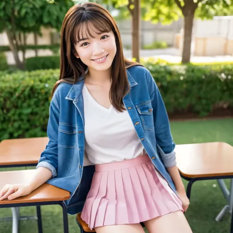 realistic, ultra-fine, highest quality, 8k, RAW photo, 1 Japanese female, cute smile, nudes model college student, natural and realistic nipples, long hair extends down to my nipples, brown hair, beautiful thighs, slim waist, wearing a dark blue mini pleat...
