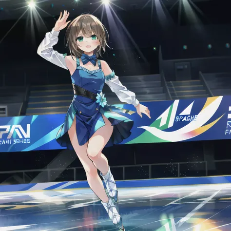 Depict a 20-year-old, stunningly beautiful woman gracefully gliding across the ice in a grand skating arena. She wears an elegant and intricately designed figure skating dress, adorned with shimmering details that reflect the arena lights. Her expression i...