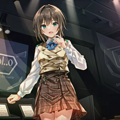 Depict a 20-year-old, dazzlingly beautiful woman playing a brass instrument in a grand concert hall. She wears an elegant yet practical band uniform, designed with intricate gold embroidery. Her posture is poised, fingers positioned with precision, her eye...