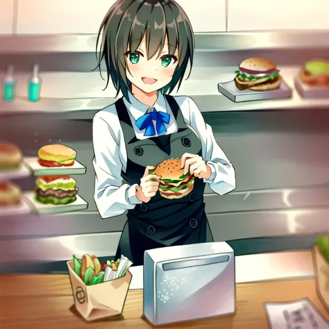 She is a cheerful girl working behind the counter at a cozy burger shop. She is wearing a cute burger shop uniform and smiling warmly at the customers. The background shows a bright and clean fast food counter with menu boards. Short hair, brown hair, gree...