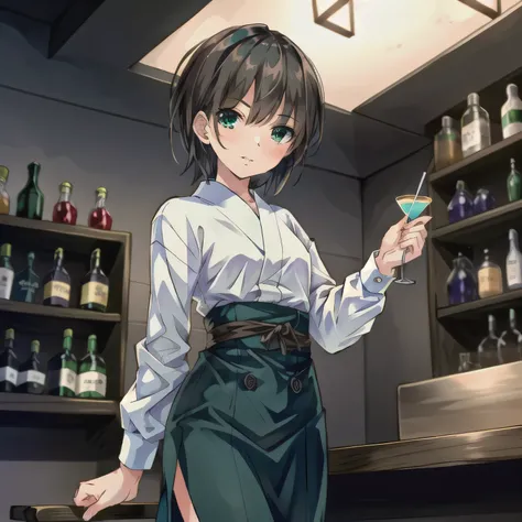 A 2D anime-style illustration. The scene is set inside a dimly lit, cozy Japanese "snack" bar. The lighting is soft and warm, with gentle shadows creating a relaxed, moody atmosphere. Bottles of liquor line the shelves behind the bar, and small round table...